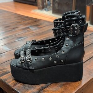Demonia Black Grommet Platform Ankle-Strap Sandals